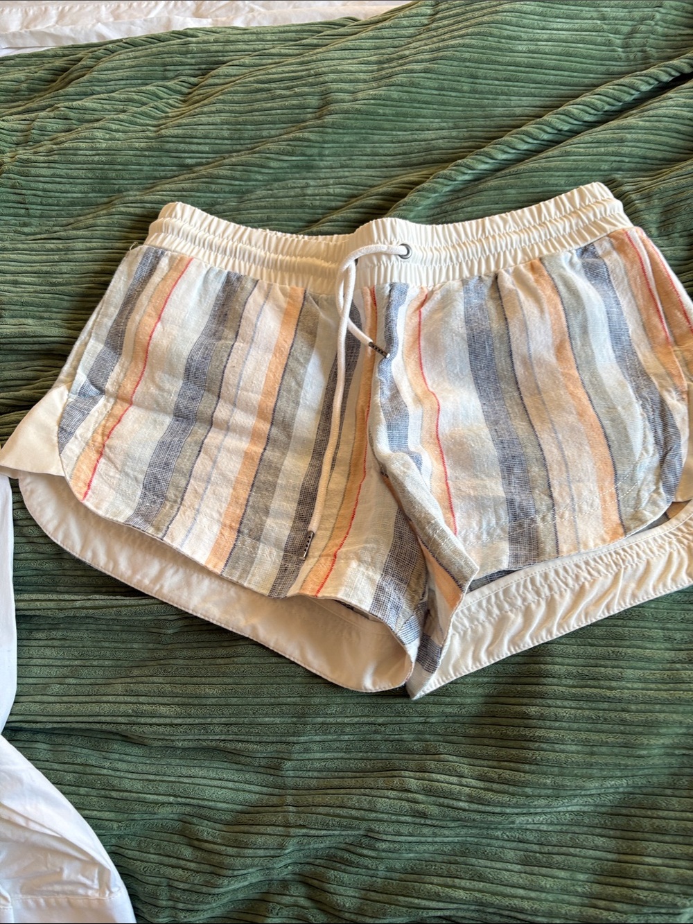 Athleta Striped Linen-Blend Athletic Shorts in Blue, Cream, Tan